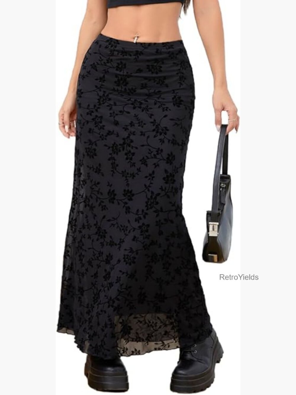 Women's Floral Print Mesh Long Skirt Low Waist Y2k Flare Hem Fishtail